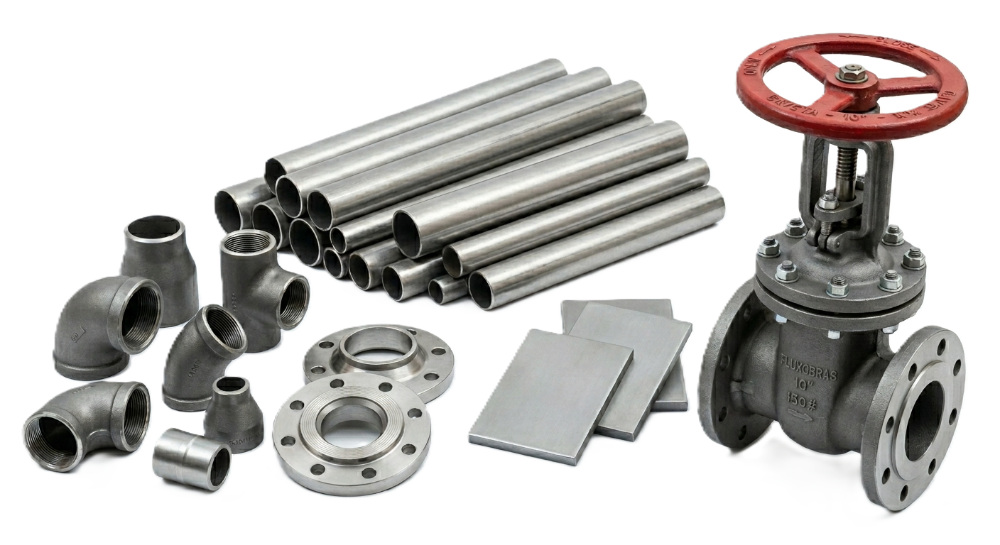 Um flange de aço inoxidável com um furo no meio em um fundo branco.