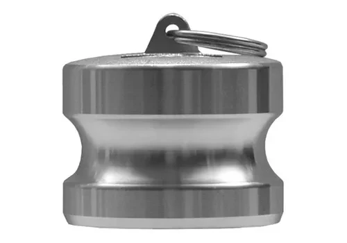 Um flange de aço inoxidável com um furo no meio em um fundo branco.