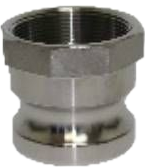 Um flange de aço inoxidável com um furo no meio em um fundo branco.