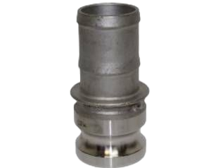 Um flange de aço inoxidável com um furo no meio em um fundo branco.