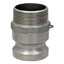 Um flange de aço inoxidável com um furo no meio em um fundo branco.