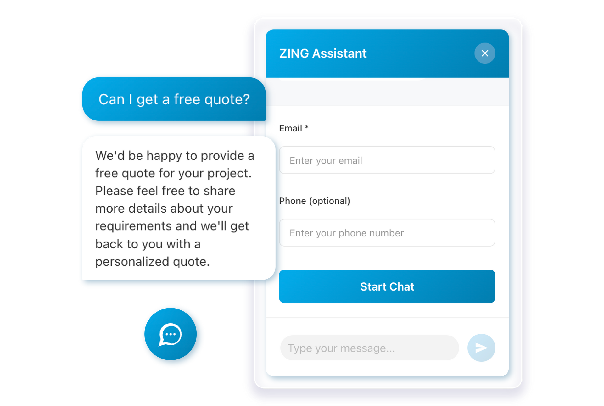 A screenshot of a speech bubble on a phone that says `` can i get a free quote ? ''