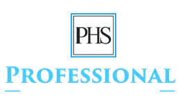 Logo for Professional Healthcare Staffing with a white PHS icon and text on a black background framed by blue borders.
