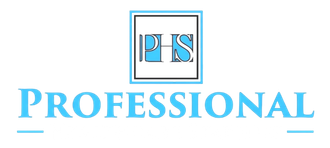 Logo for Professional Healthcare Staffing with a white PHS icon and text on a black background framed by blue borders.