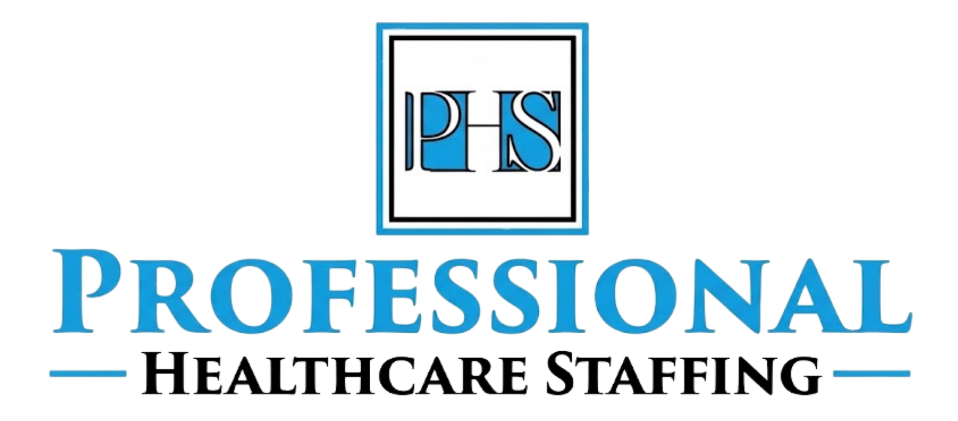 Logo for Professional Healthcare Staffing: text in white and light blue against a black background with a PHS icon.