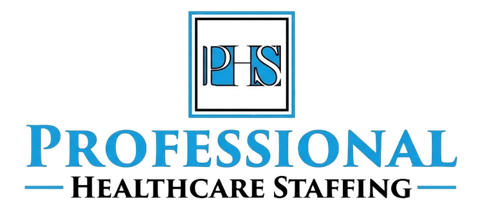 Logo for Professional Healthcare Staffing: text in white and light blue against a black background with a PHS icon.