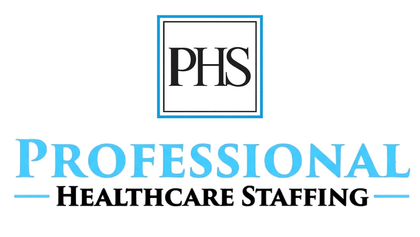 Logo for Professional Healthcare Staffing: text in white and light blue against a black background with a PHS icon.