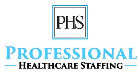 Logo for Professional Healthcare Staffing: text in white and light blue against a black background with a PHS icon.