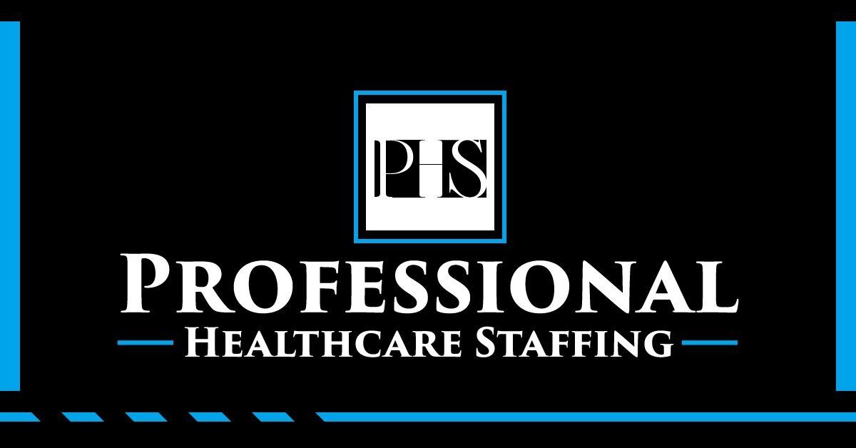 Logo for Professional Healthcare Staffing with black background, blue accents, white text, and a square PHS icon.