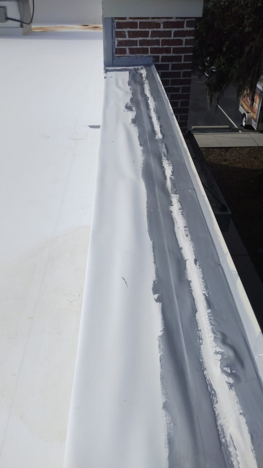 White roof with a dark strip along the edge, likely a gutter. Brick wall in the background.