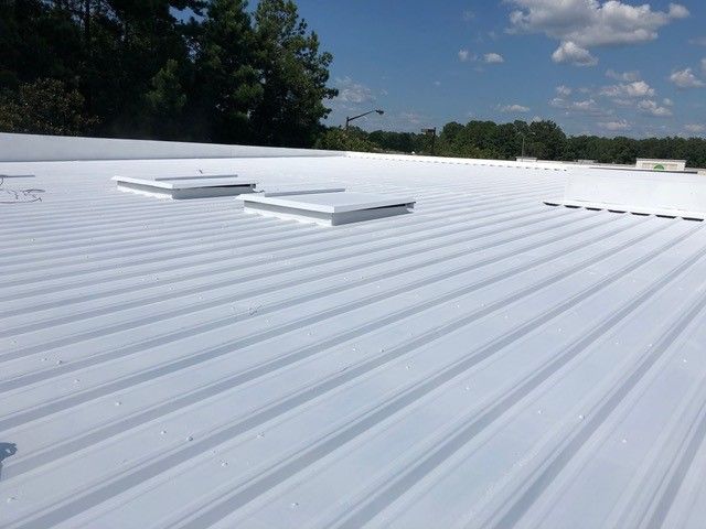 White metal corrugated roof with skylights, trees, and blue sky.