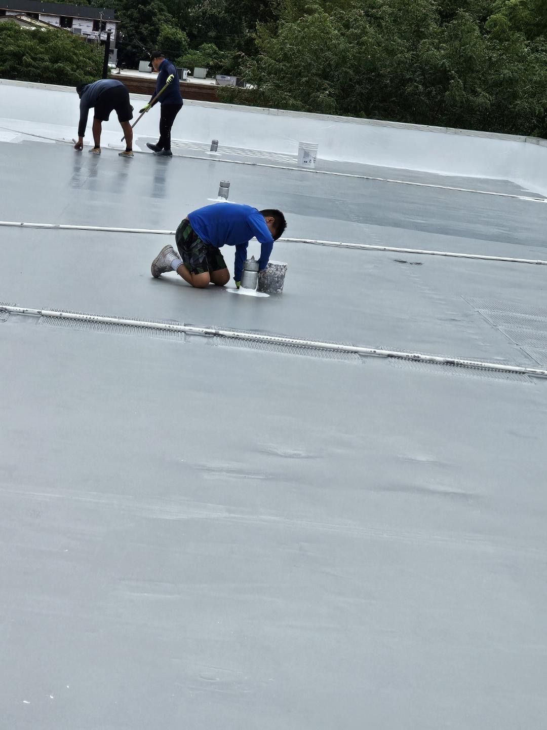 Workers applying sealant to a flat roof. One kneels, others spread the coating.