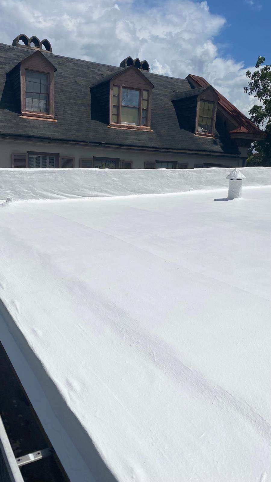 White roof with dormers, chimney, and blue sky.