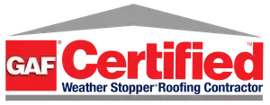 GAF Certified Weather Stopper Roofing Contractor logo in red, white, and grey.