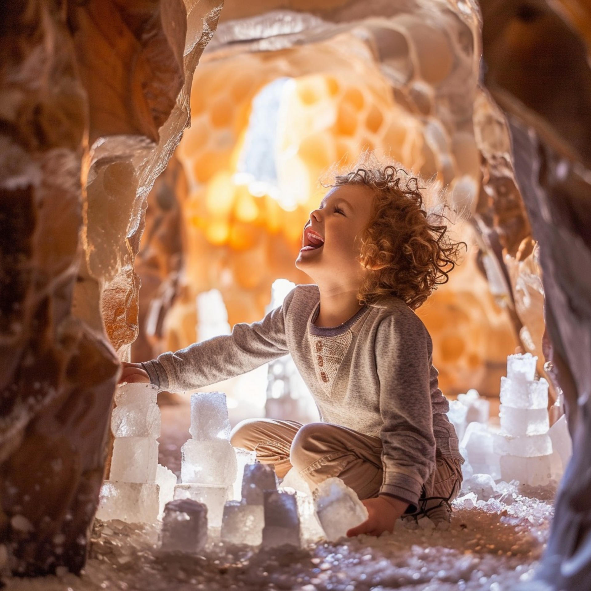Bambino che gioca in una Grotta del Sale mentre fa Haloterapia