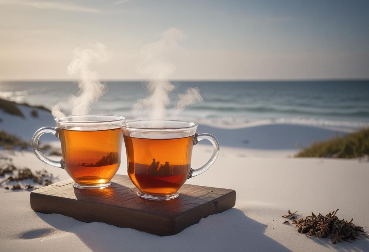 Due tazze di Tisana su una spiaggia con il vapore che ne esce
