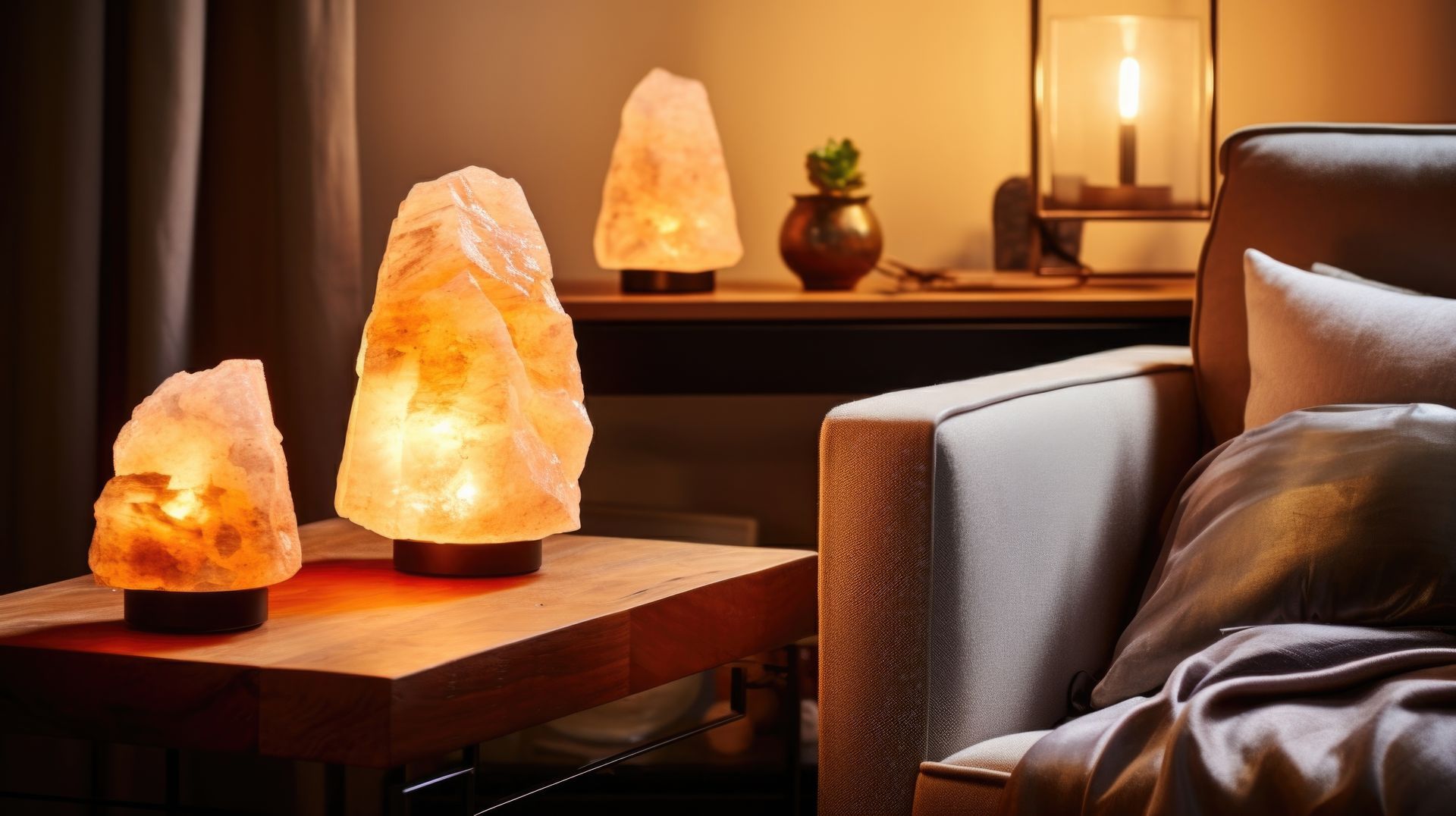 Tre lampade di sale sono appoggiate su un tavolo di legno in un soggiorno.