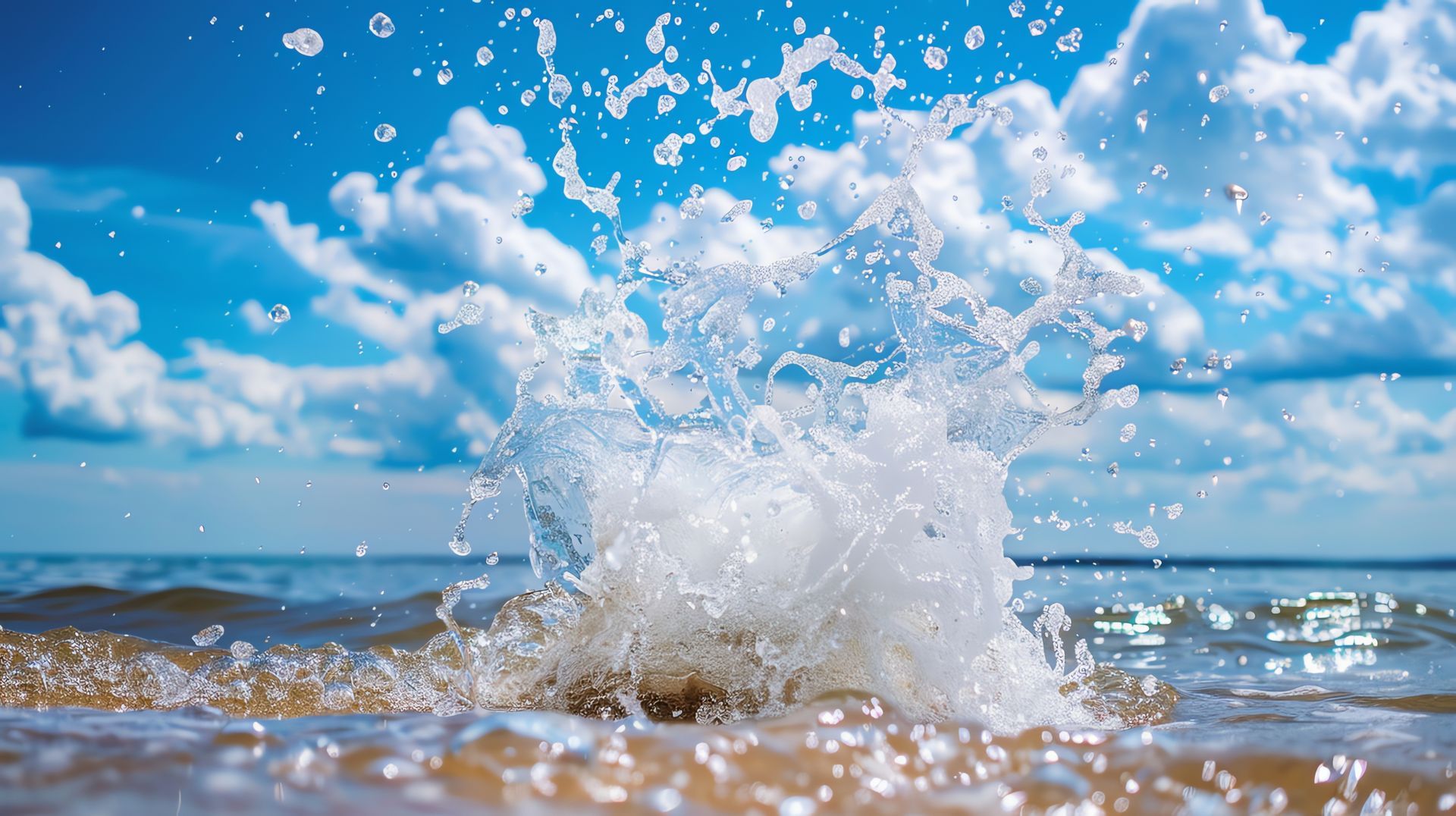 Un'onda che si infrange sulla spiaggia con un cielo azzurro sullo sfondo