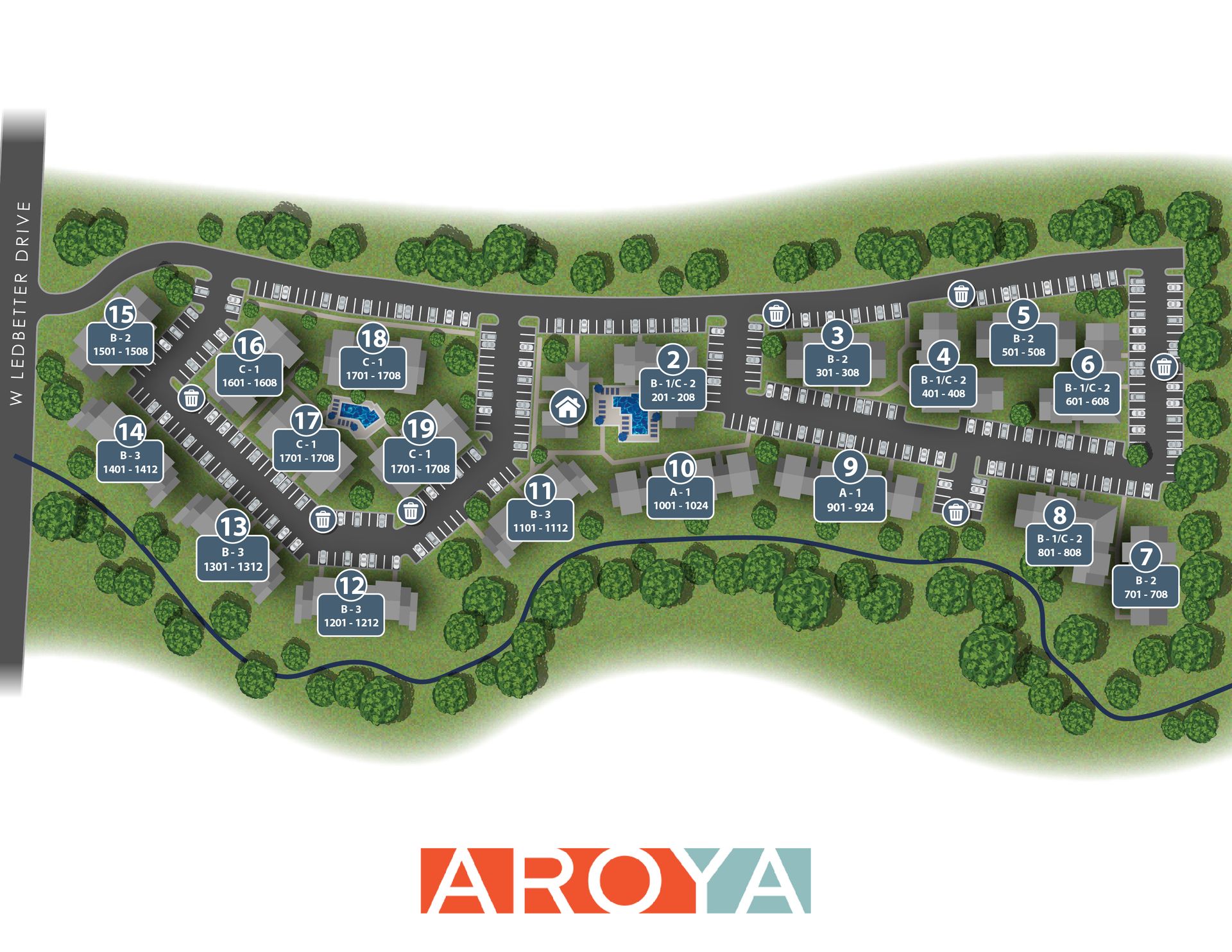 A community map of Aroya, depicting apartment buildings, roads, trees, and amenities like pools.