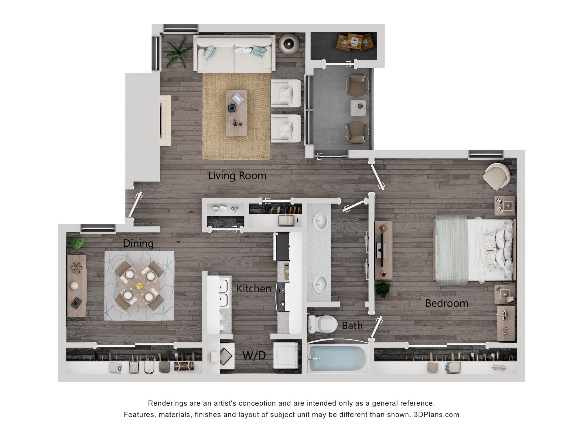 Floor plan of a one-bedroom apartment with living, dining, and kitchen areas.