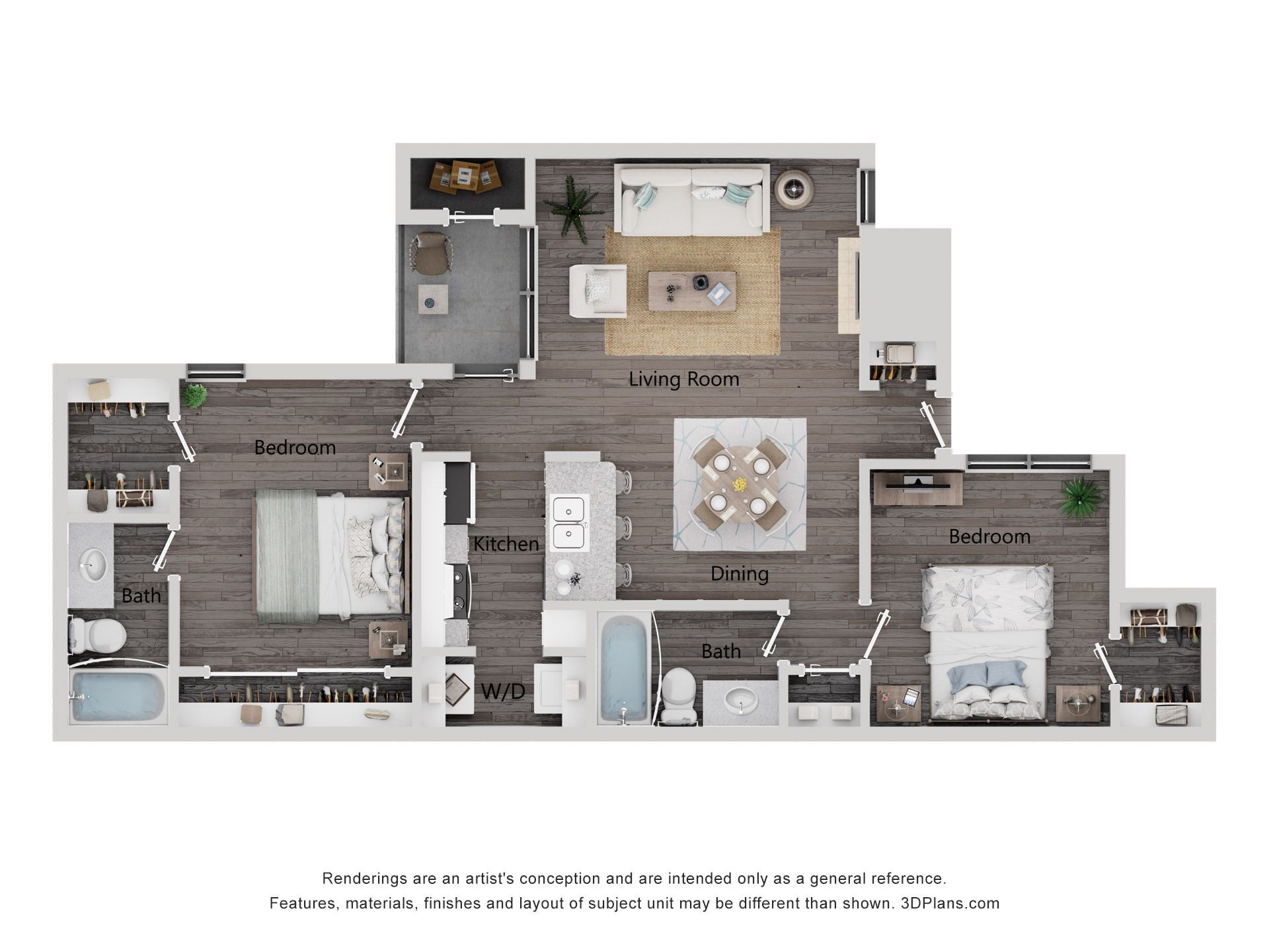 Floor plan of a two-bedroom apartment, showing layout of rooms with furniture.