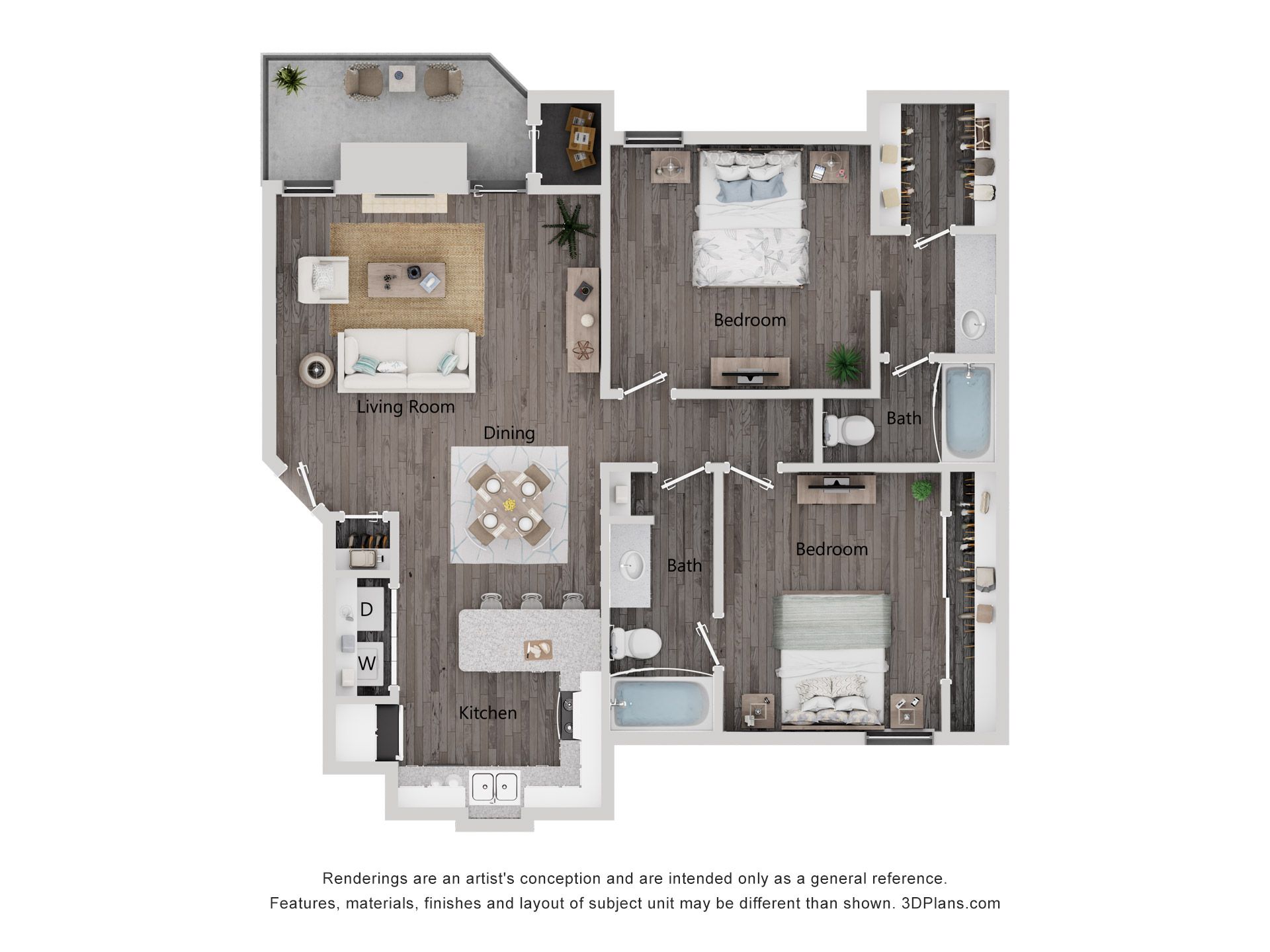Floor plan of an apartment with a kitchen, living room, dining area, two bedrooms, and two bathrooms.