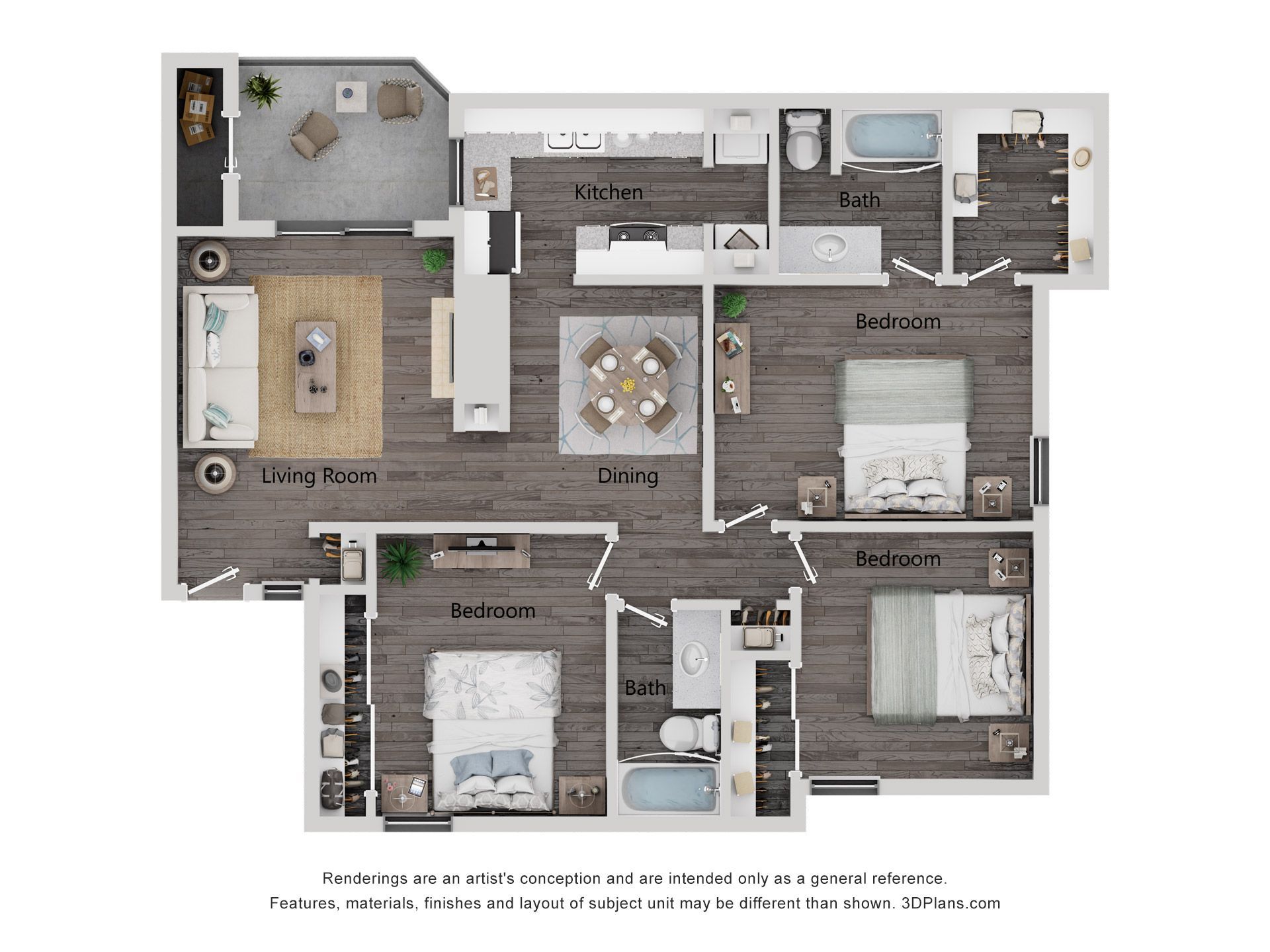 Floor plan of an apartment with a kitchen, living room, dining room, and three bedrooms.