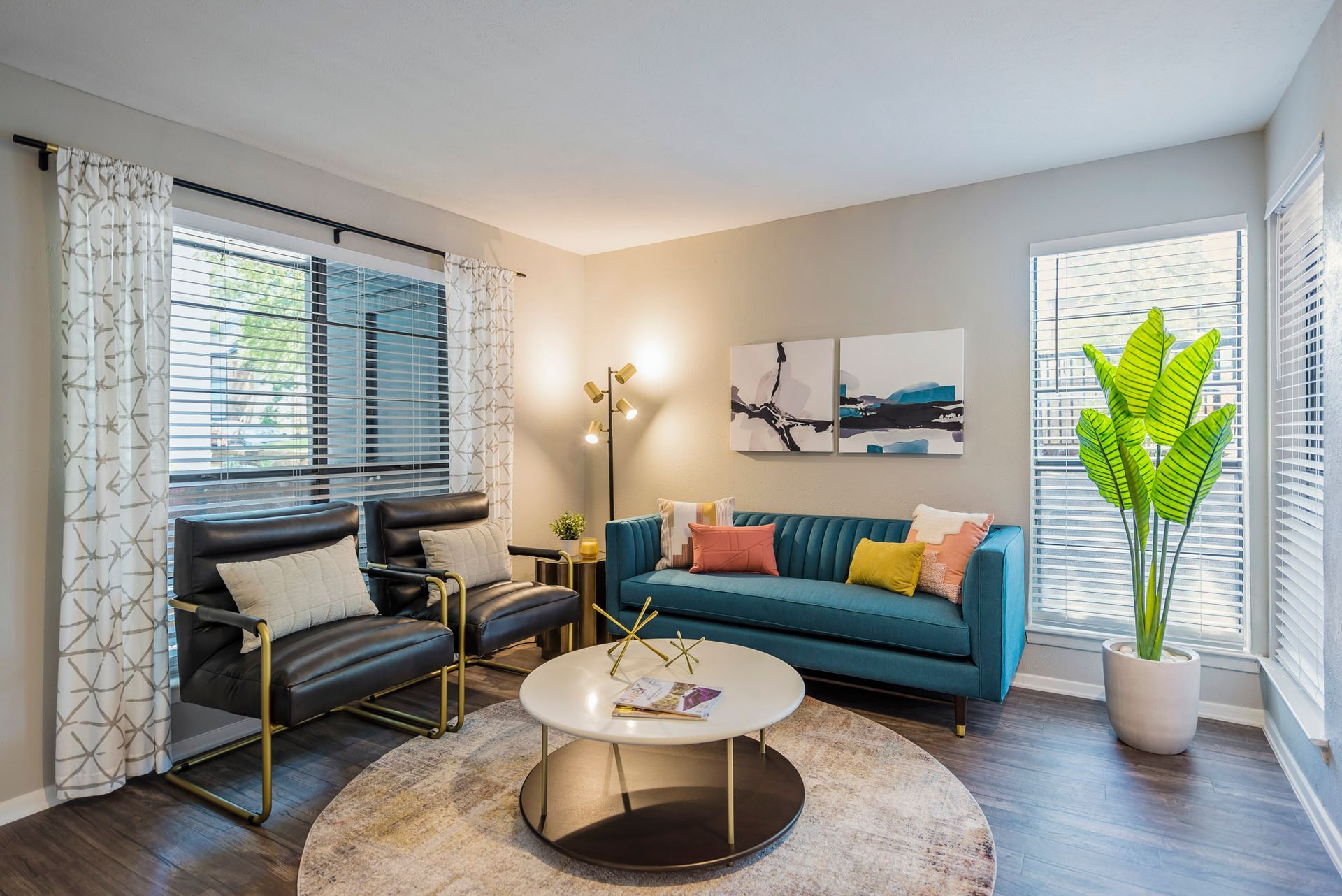 Living room with teal sofa, black chairs, round rug, and large potted plant.