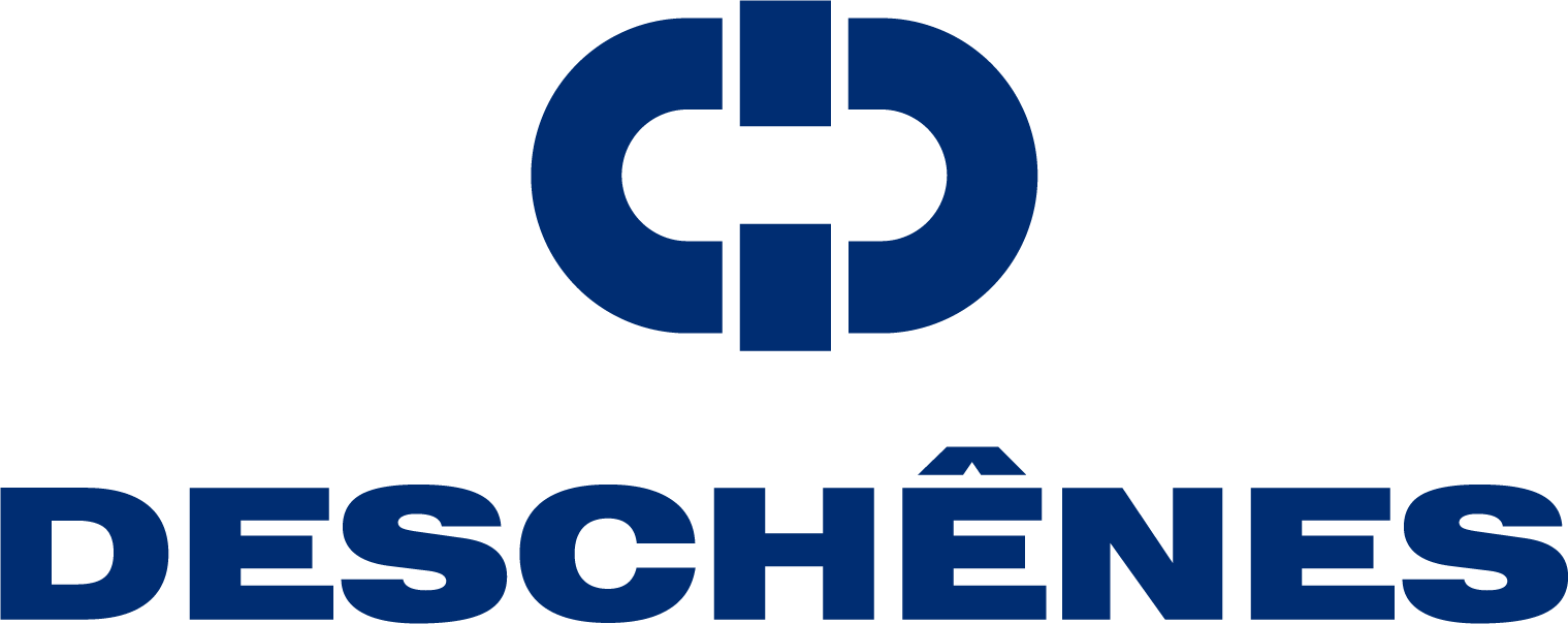 Logo : maillon de chaîne bleu foncé au-dessus du mot « DESCHÊNES » en texte bleu foncé.