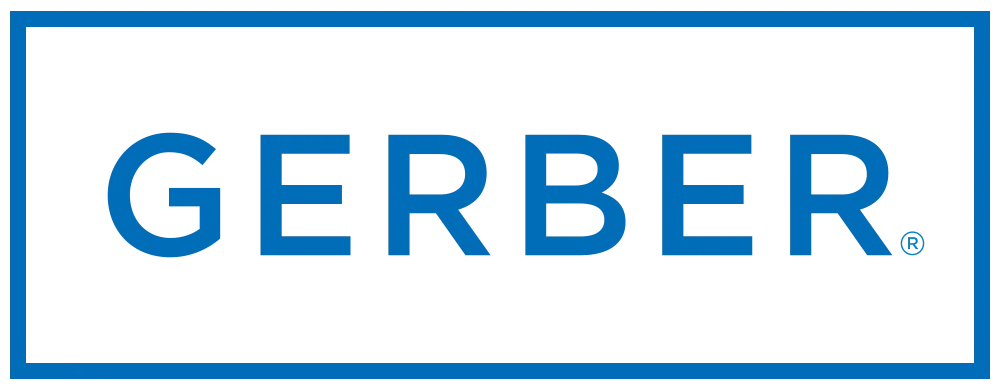 Logo Gerber en bleu dans un rectangle blanc bordé de bleu.