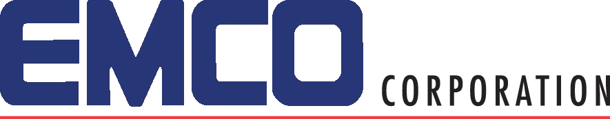 Logo d'EMCO Corporation. Le nom de l'entreprise est en bleu. La lettre « O » est un carré avec un intérieur blanc.