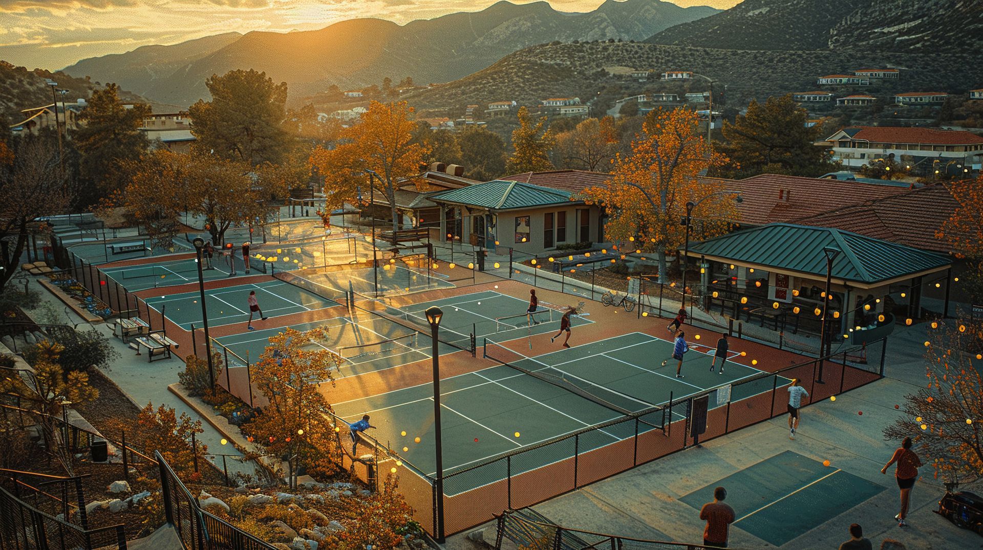 An aerial view of a tennis court at sunset