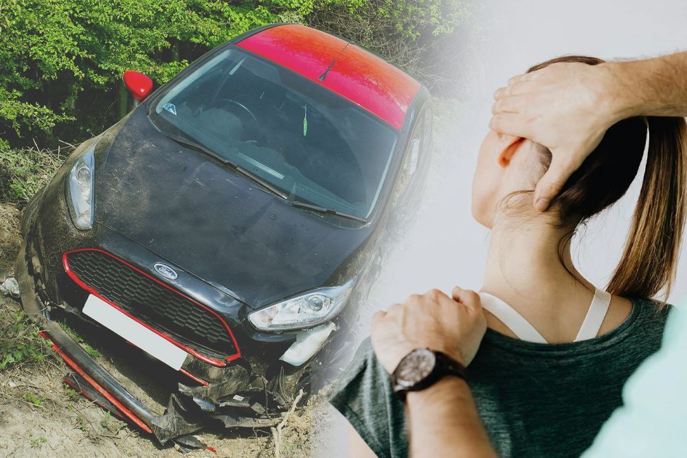 Photo of a car accident and a chiropractor doing a massage on a car accident victim in Delaware