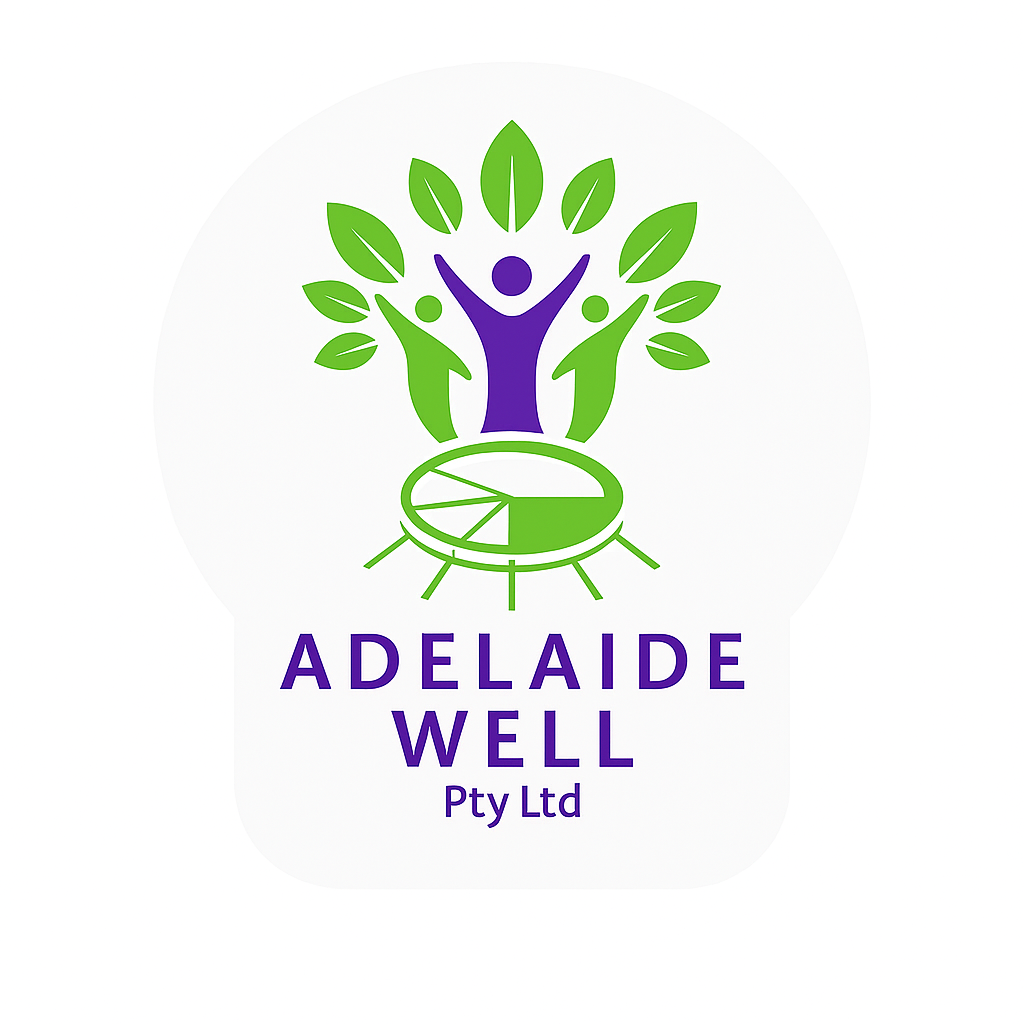 Logo for Adelaide Well: people with arms raised, tree with green leaves, on white background.