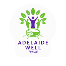Logo for Adelaide Well: people with arms raised, tree with green leaves, on white background.
