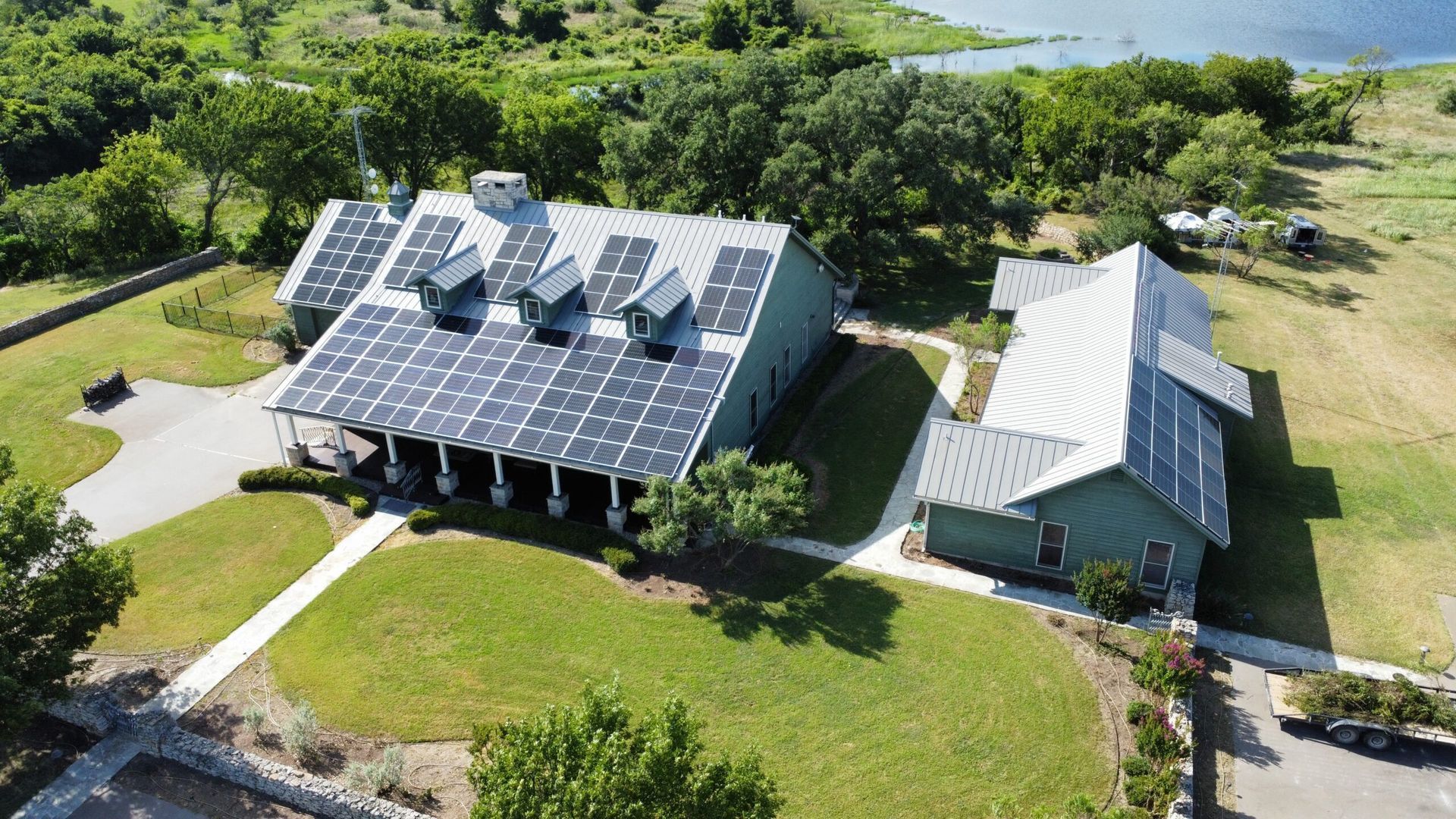 Green building with solar panels on roof
