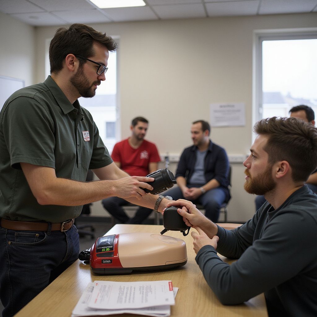 Man demonstrating AED use to another man, others observe in a classroom setting.