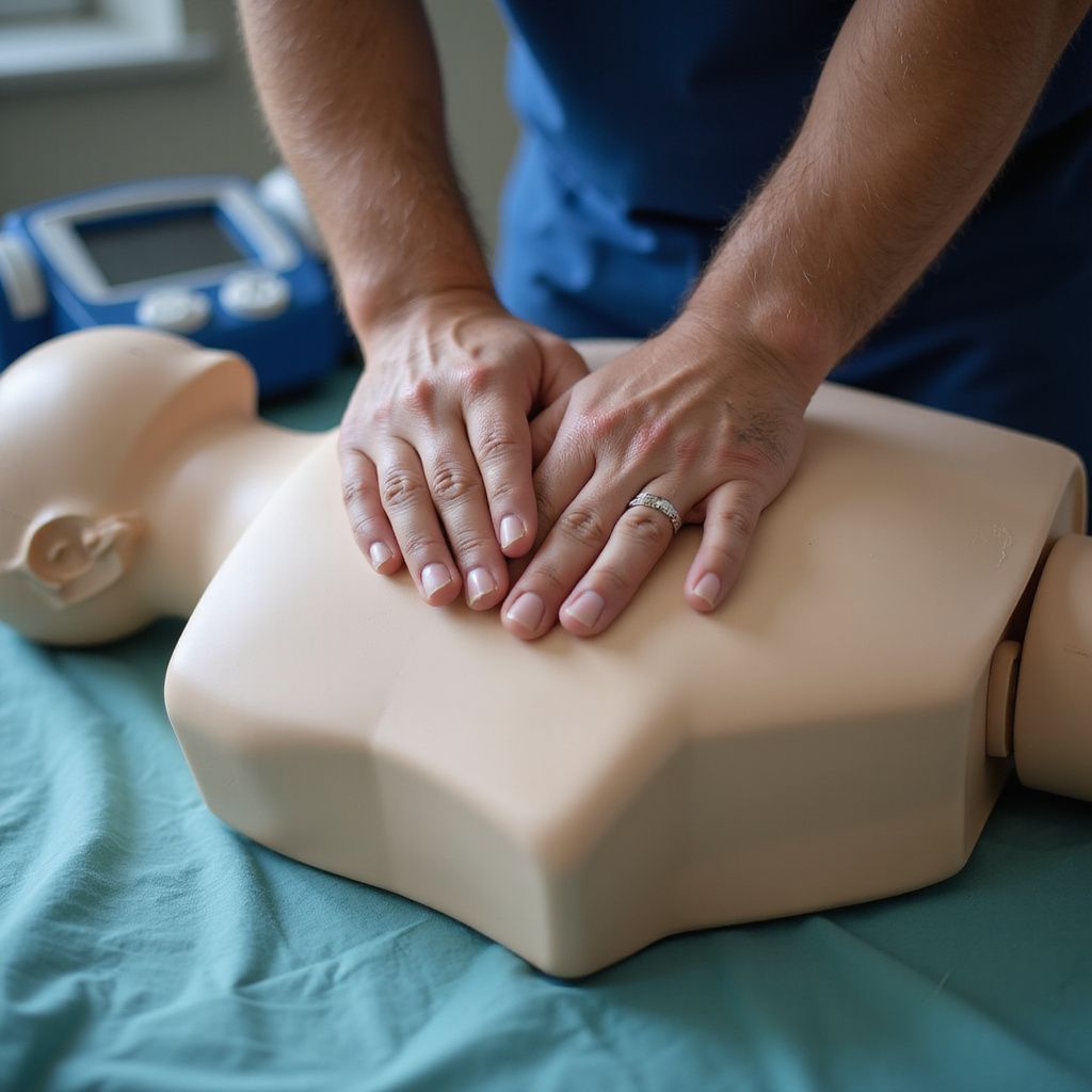 Person practicing CPR on a training dummy, hands clasped, in a medical setting.