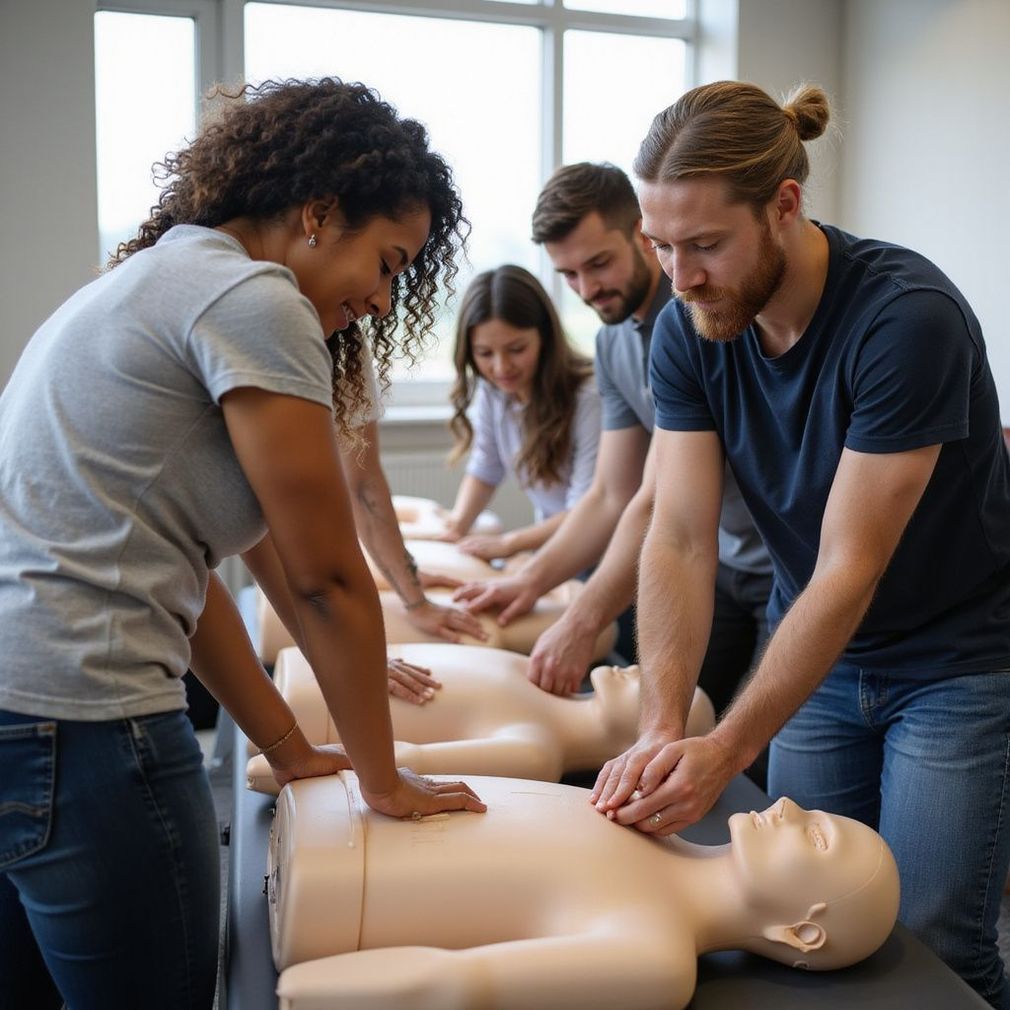 People practicing CPR on mannequins in a classroom setting.