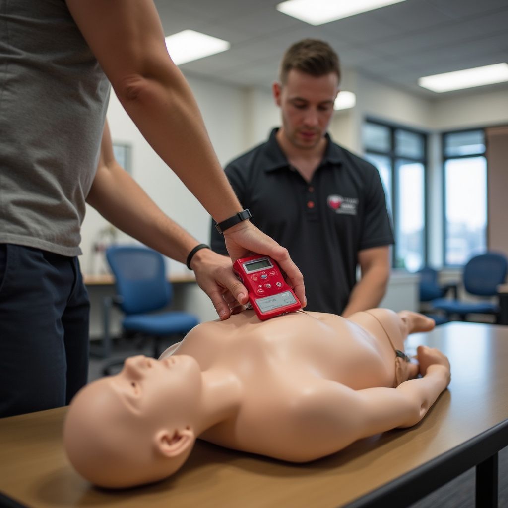 Two people training on a CPR dummy with a red device in a classroom.