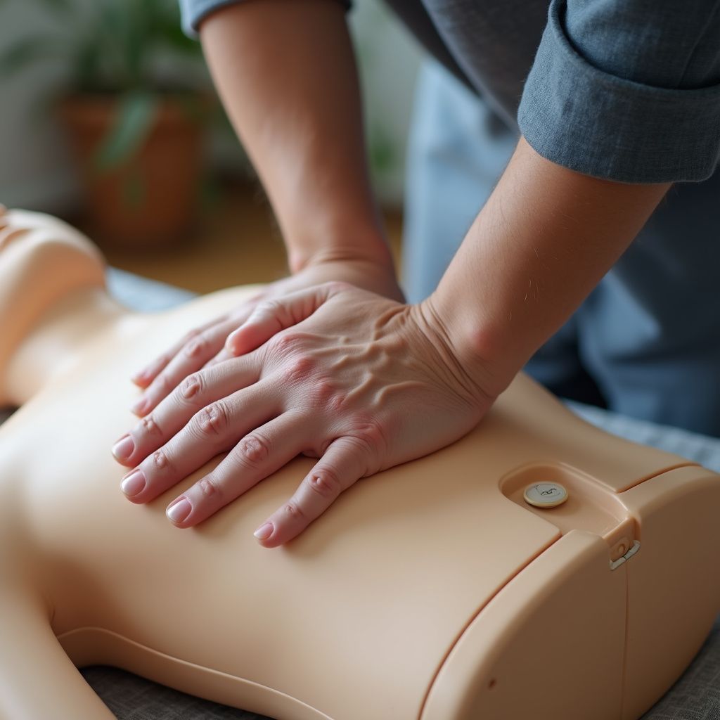 Hands performing chest compressions on a CPR training mannequin.