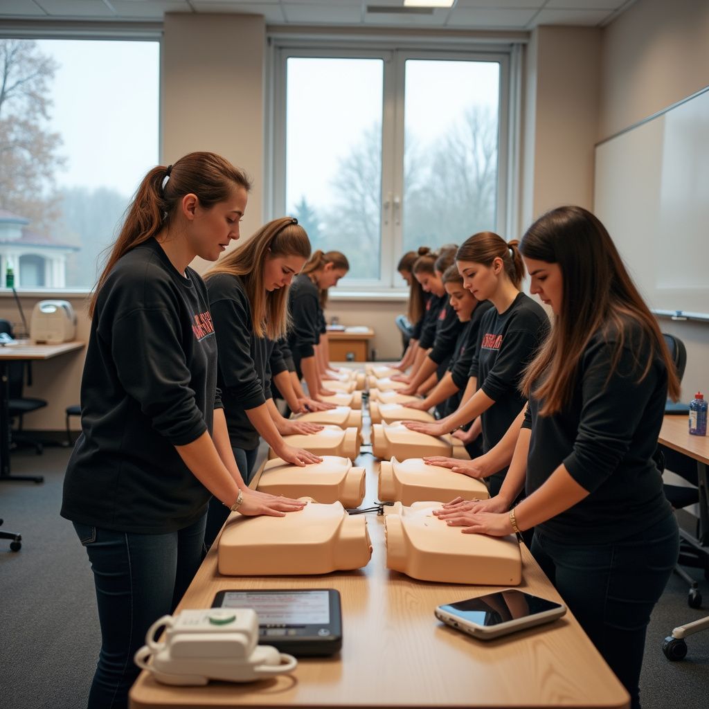 People practicing CPR on mannequins in a classroom.