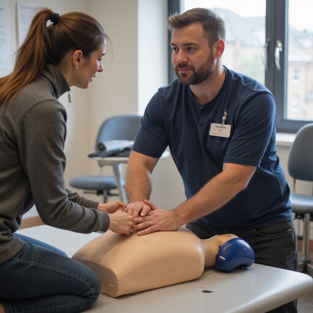 Man and woman practicing CPR on a training dummy, indoors. Man instructs woman.