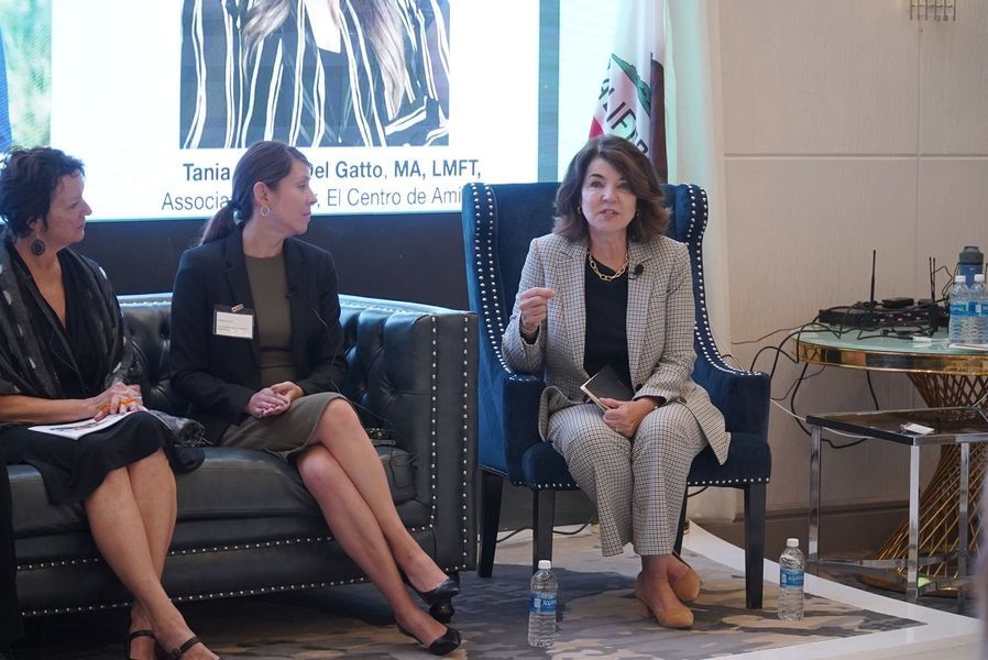 Three women on a panel, one speaking with a hand gesture, seated in front of a flag.