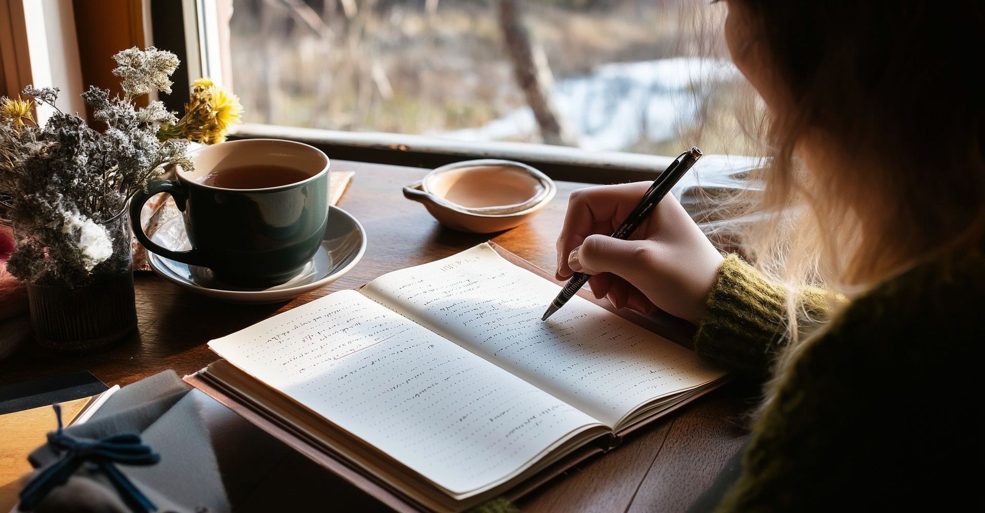 Woman writing in a notebook by a window with a teacup, sunny day.