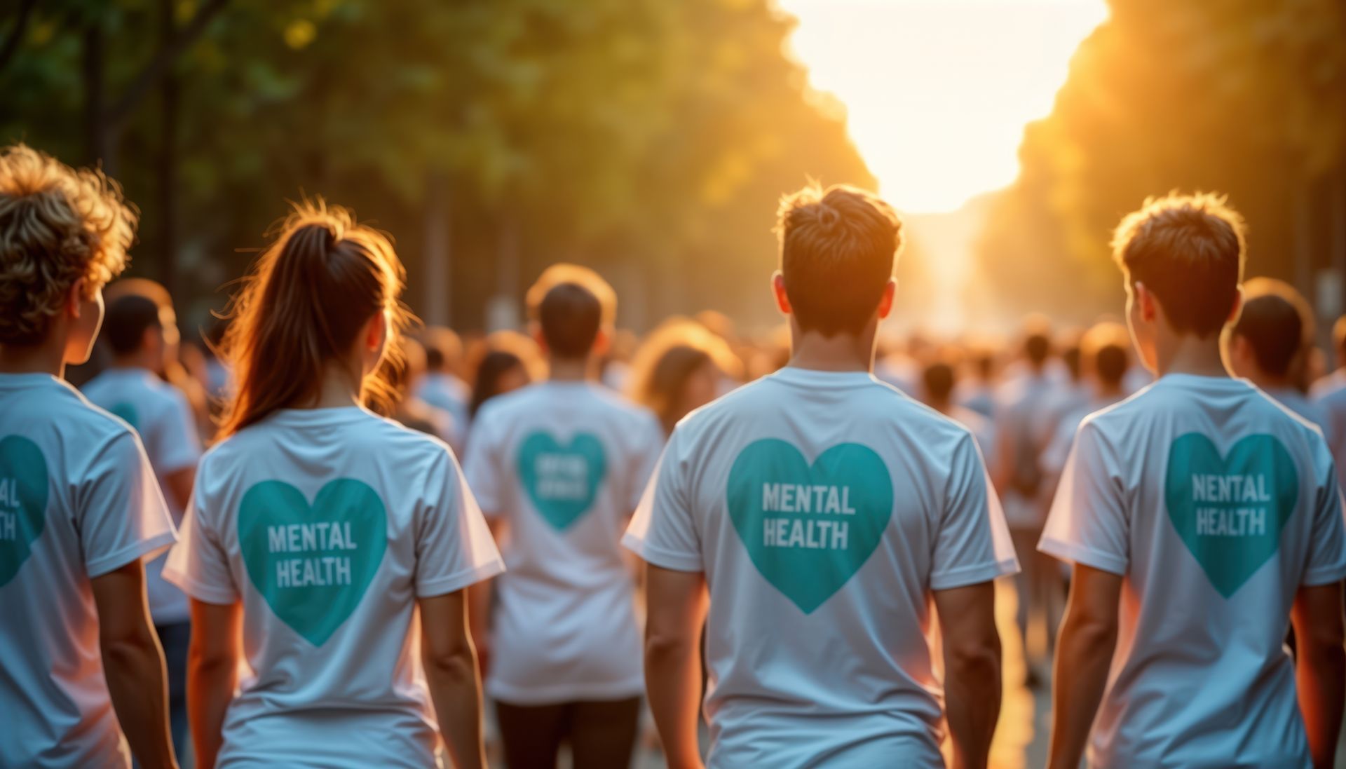 People walking towards the sun, wearing shirts with a heart and the words 