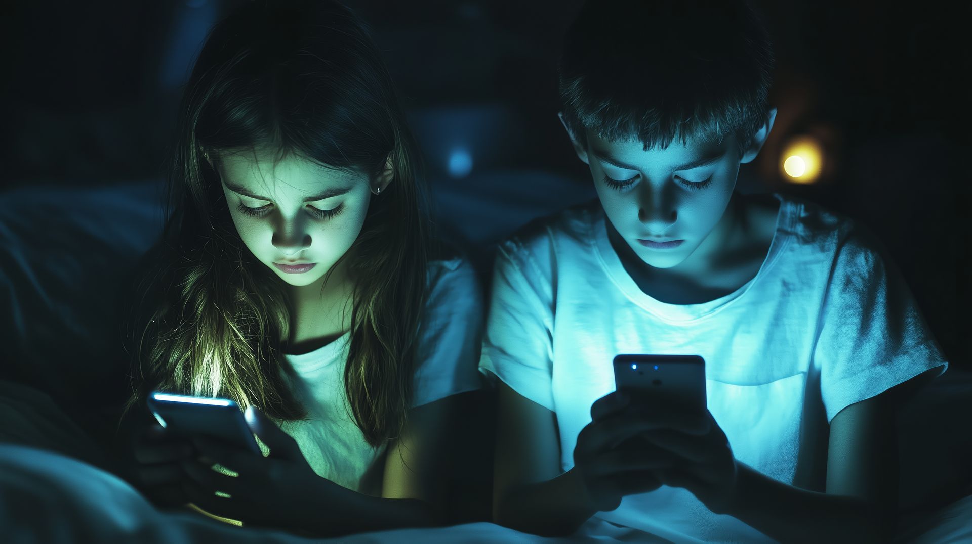 Two people in bed, lit by phone screens. Dark room with a blue and yellow glow.