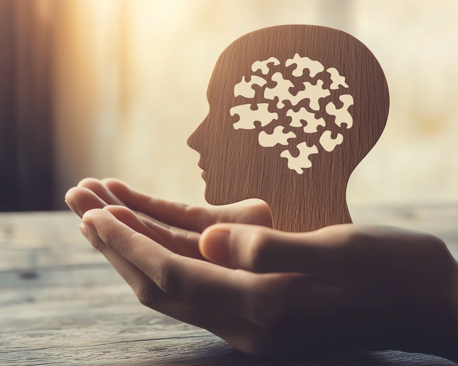 Hands holding a wooden head silhouette with a puzzle-piece brain, symbolizing mental health.