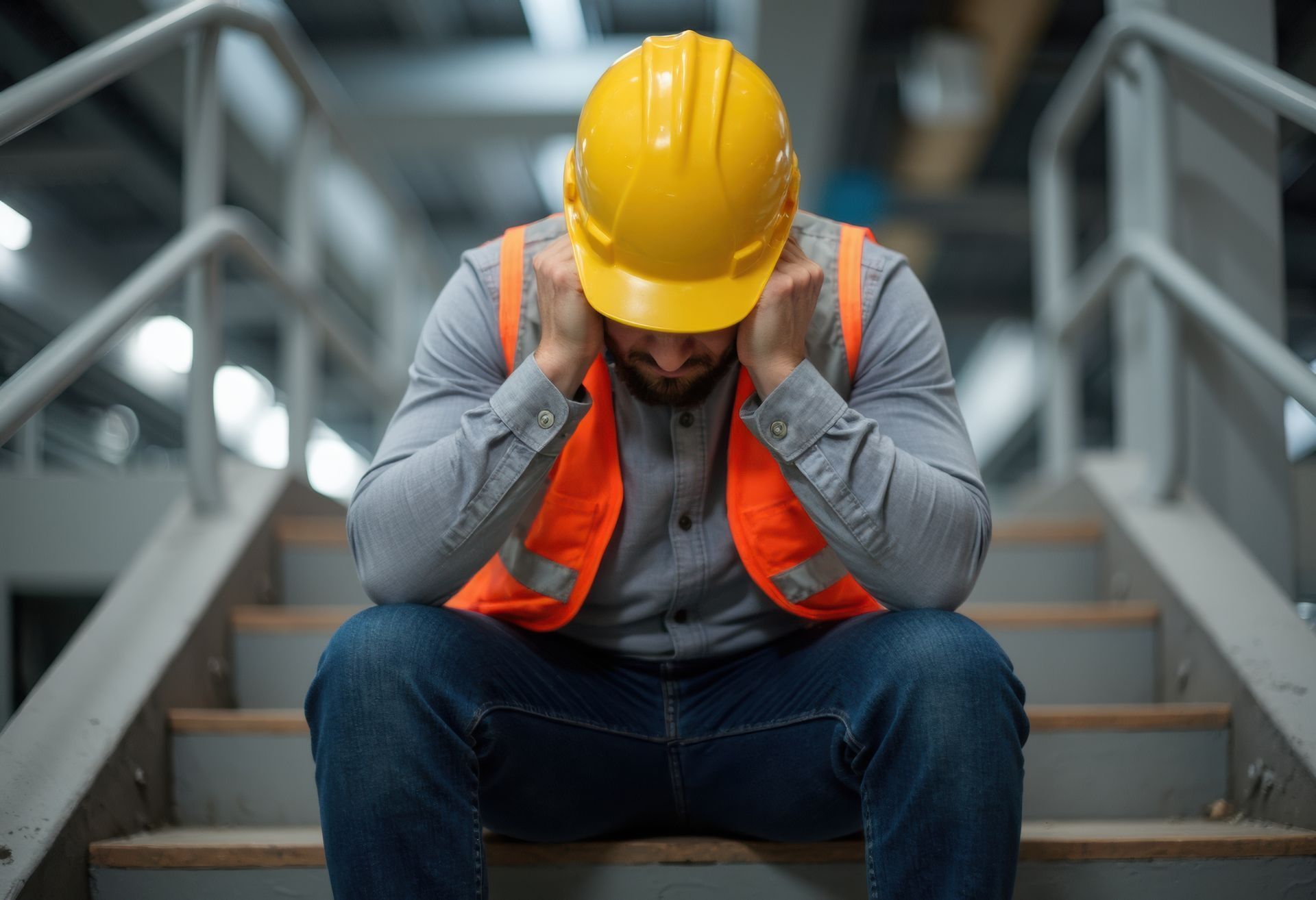 Construction worker in a hard hat and vest, sitting on stairs with head in hands, looking stressed.