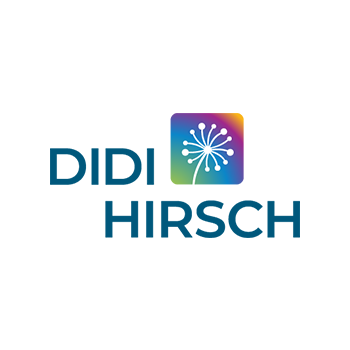 Logo for Didi Hirsch, dark teal text, colorful square with dandelion illustration.